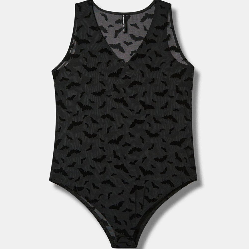 Torrid - Flocked Mesh V-Neck Bodysuit in Black Stormy Bats​​​​​​​​​ - Picture 16 of 16